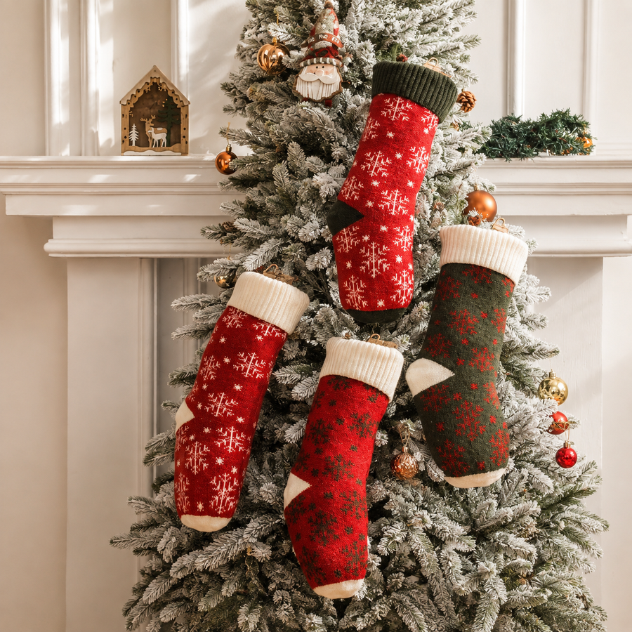 Snowflake knit stockings christmas tree scene