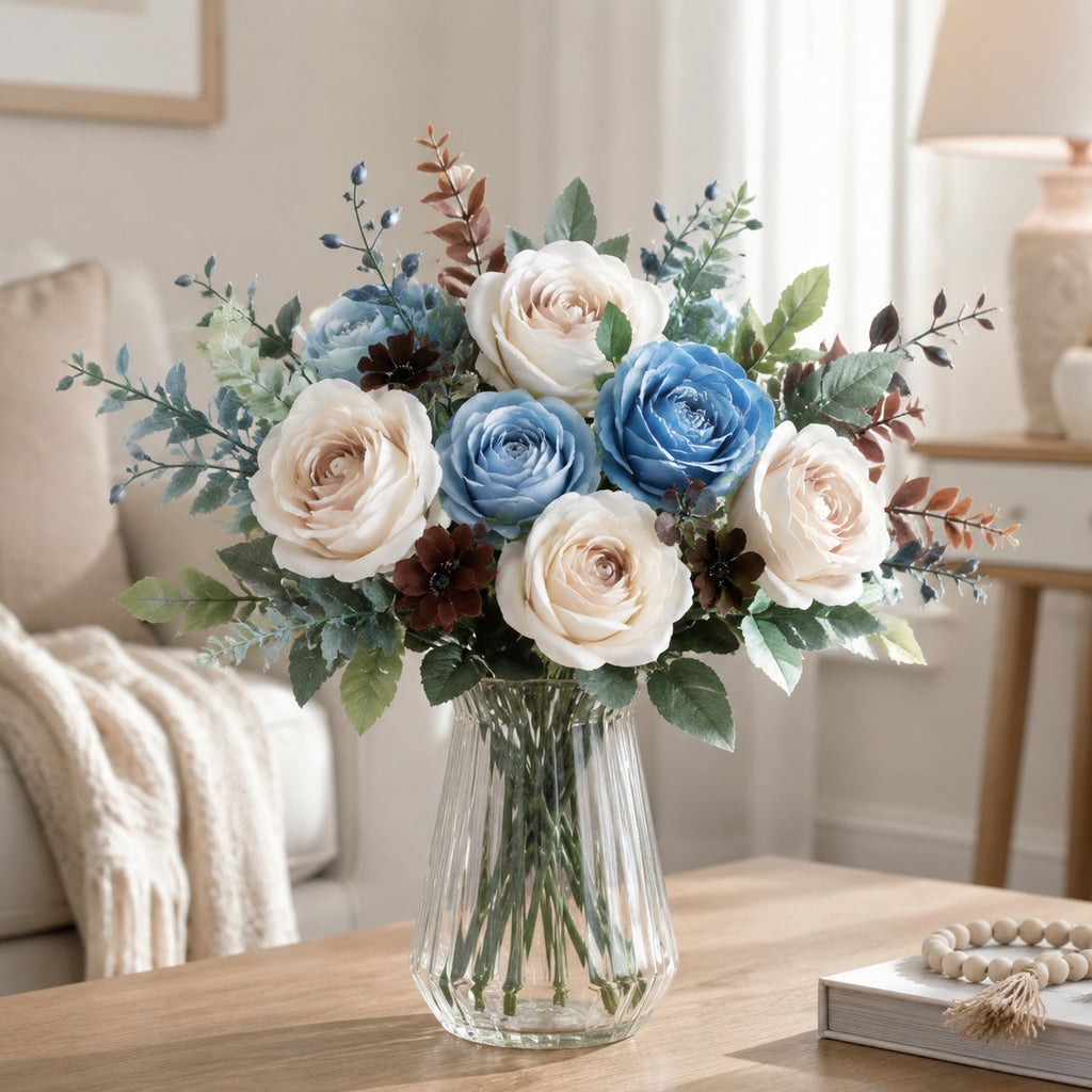EVERIVELLE 11.8-Inch Nine-Head Artificial Rose Bouquet