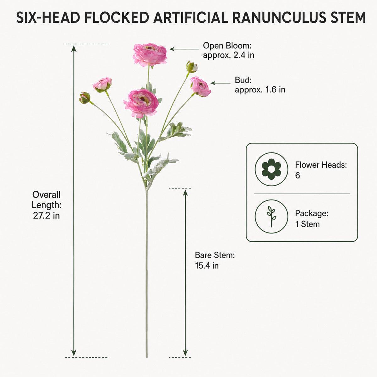 EVERIVELLE 27.2-Inch Six-Head Flocked Artificial Ranunculus Stem