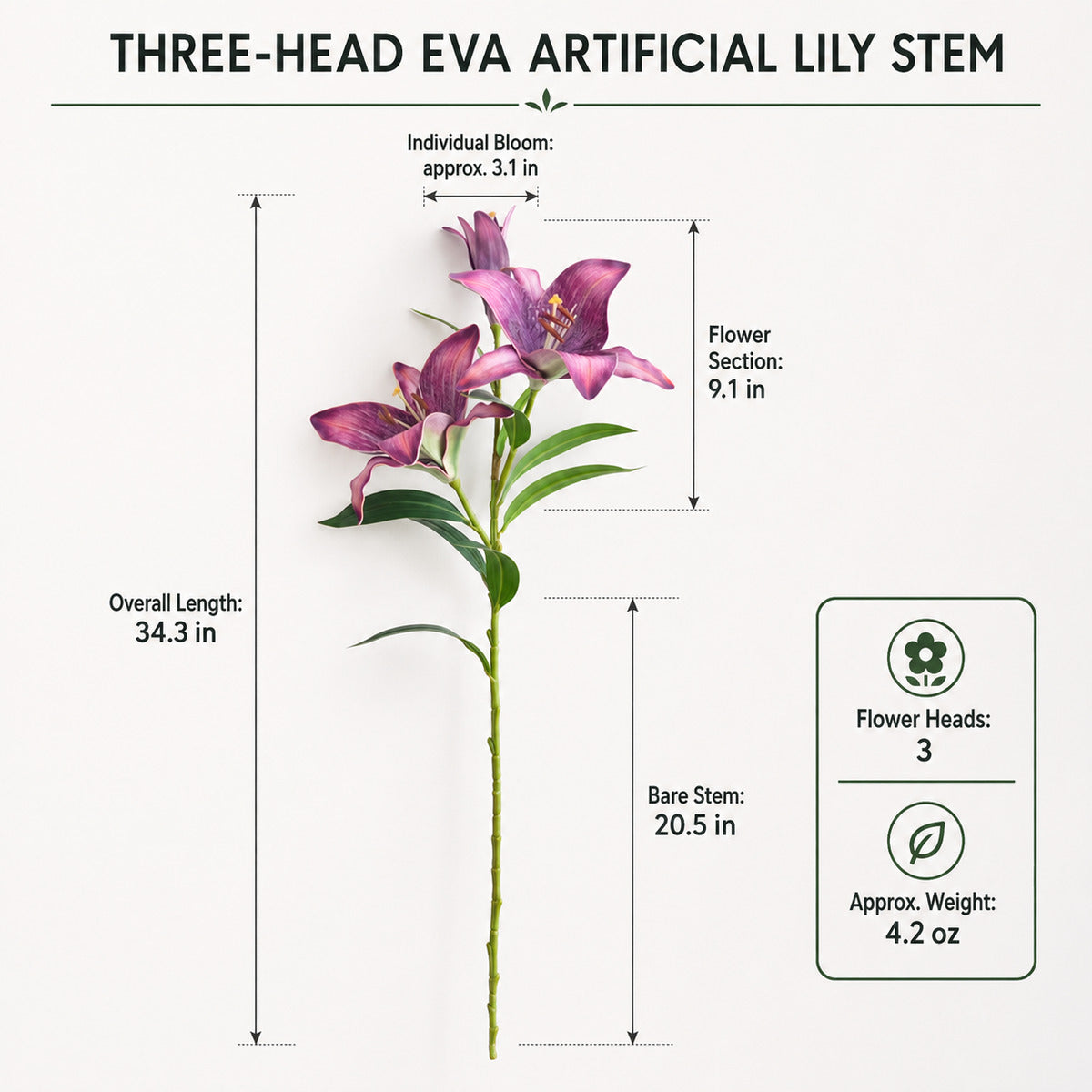 EVERIVELLE 34.3-Inch Three-Head EVA Artificial Lily Stem