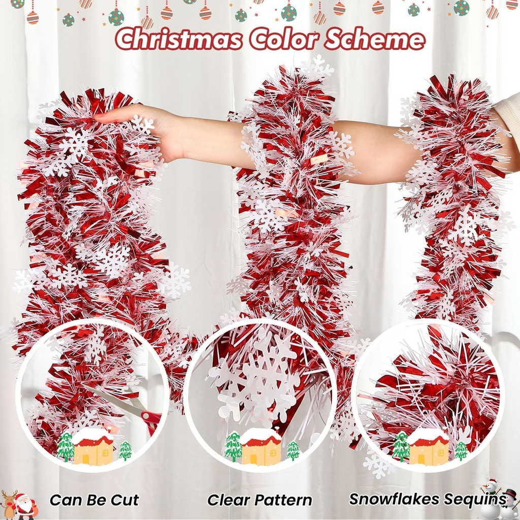 EVERIVELLE 6.6-Foot Red & White Snowflake Tinsel Garland