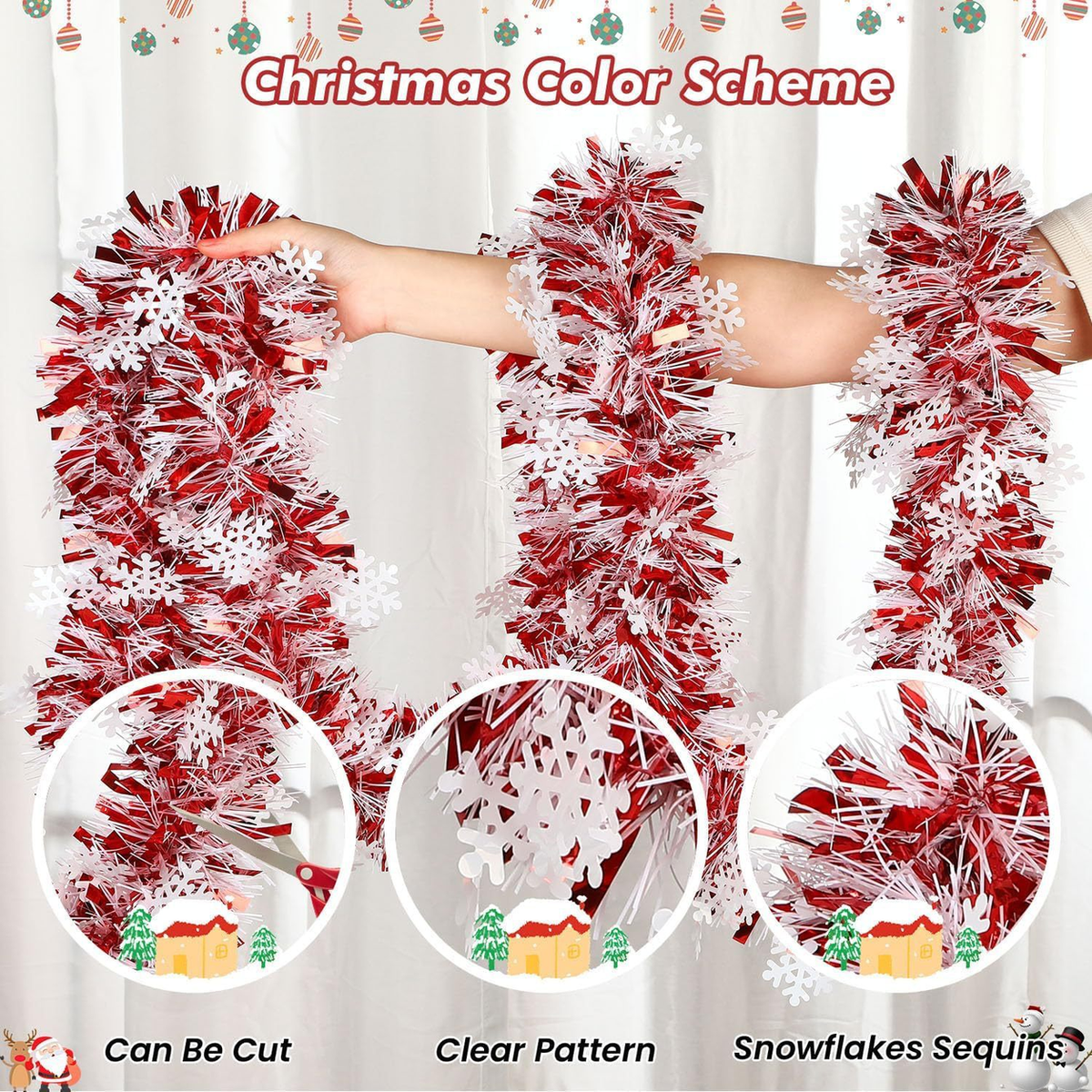 EVERIVELLE 6.6-Foot Red & White Snowflake Tinsel Garland