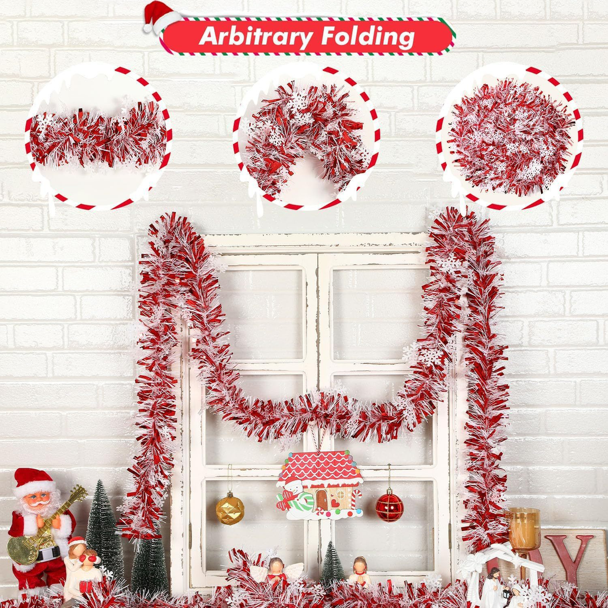 EVERIVELLE 6.6-Foot Red & White Snowflake Tinsel Garland