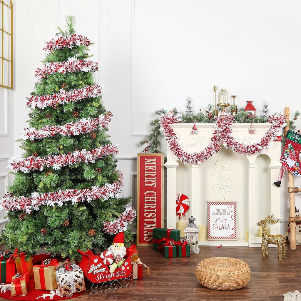 EVERIVELLE 6.6-Foot Red & White Snowflake Tinsel Garland