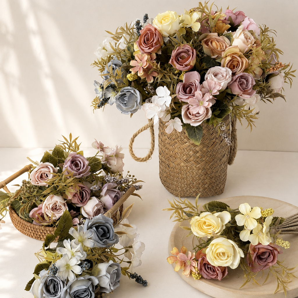 Artificial Rose Blossom Bouquet   Elegant Faux Floral Arrangement for Home Décor | EVERIVELLE artificial flowers and garden décor