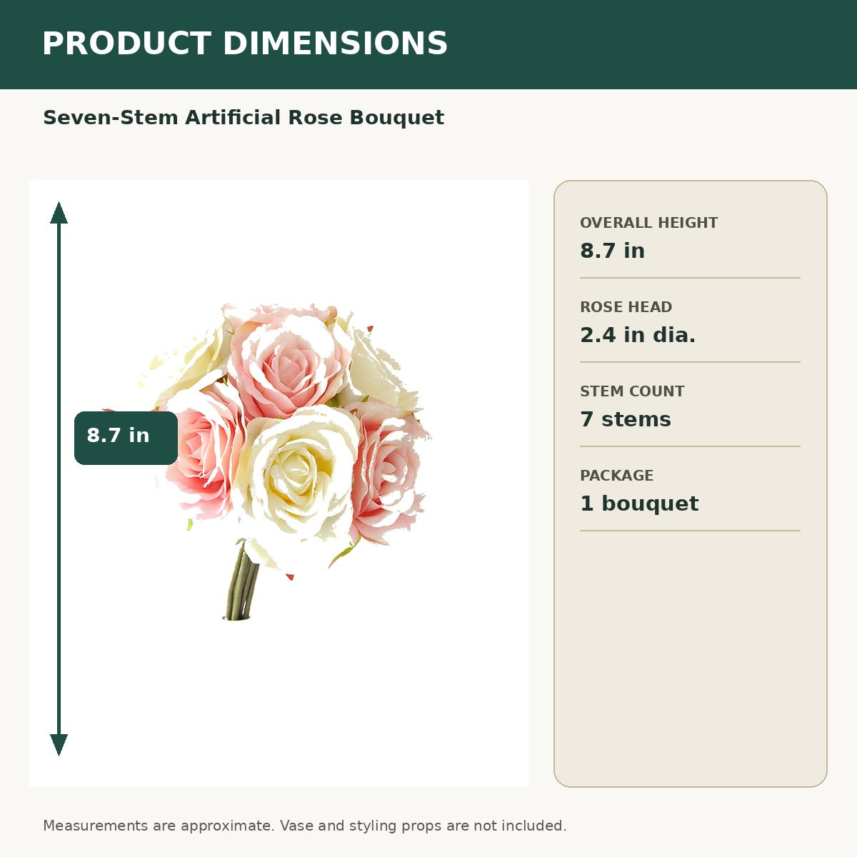 EVERIVELLE 8.7-Inch Seven-Stem Artificial Rose Bouquet