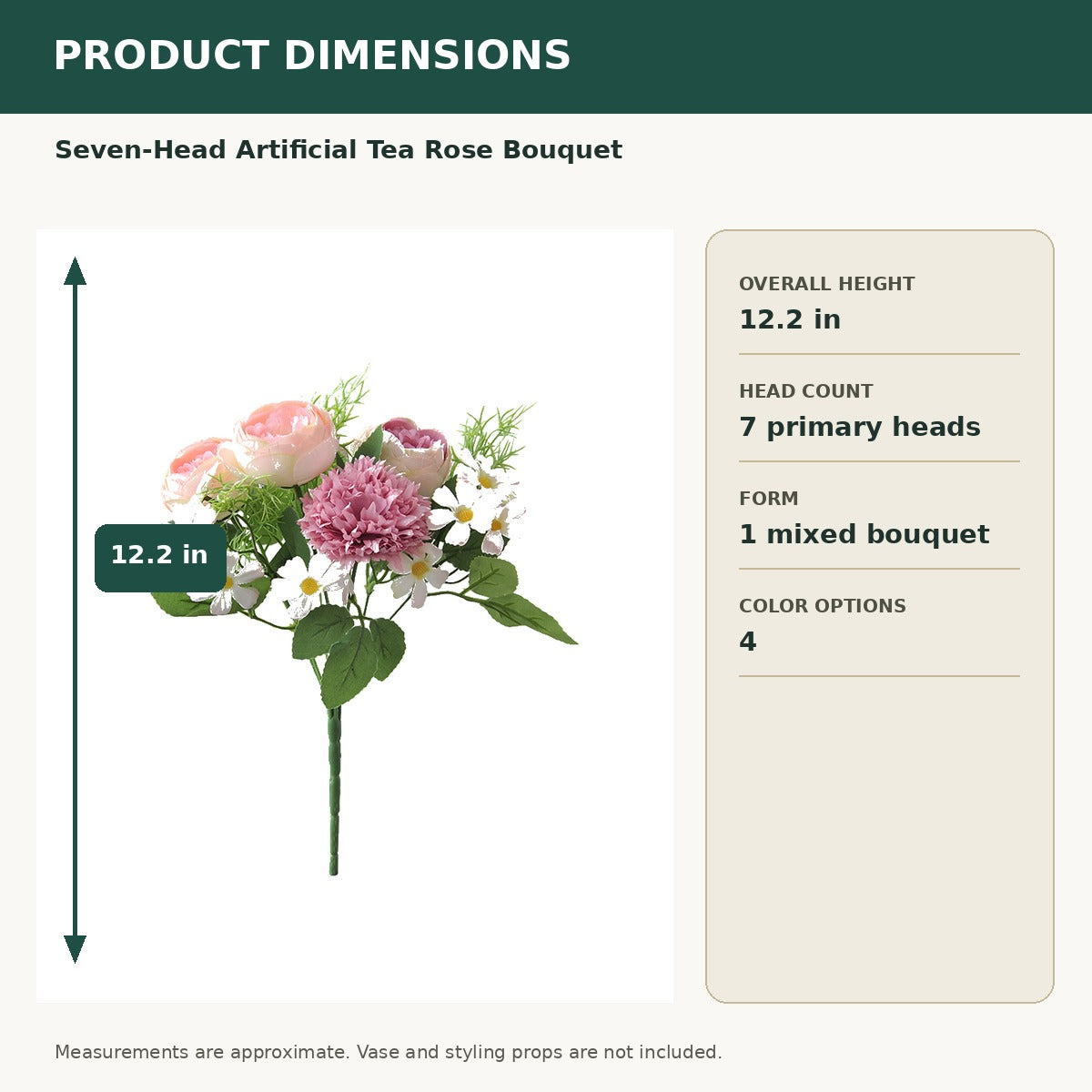 EVERIVELLE 12.2-Inch Seven-Head Artificial Tea Rose Bouquet