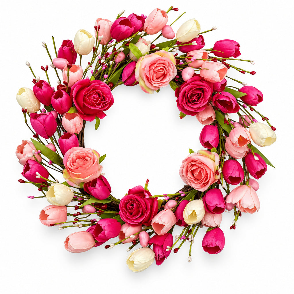 Pink Tulip & Rose Heart-Shaped Wreath