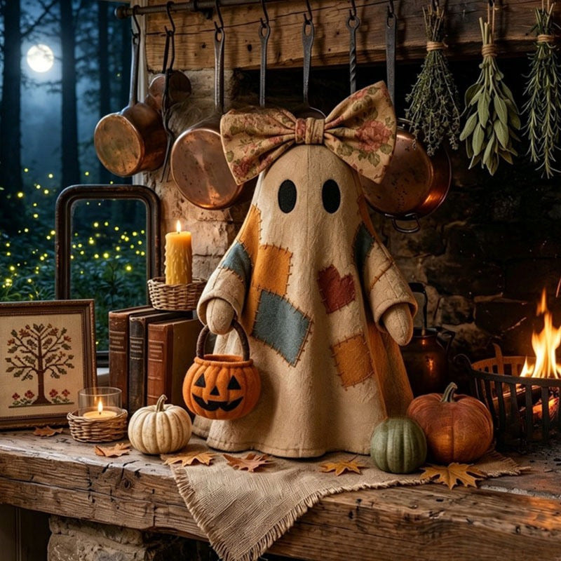 Patchwork Ghost Pumpkin Basket Halloween Decor