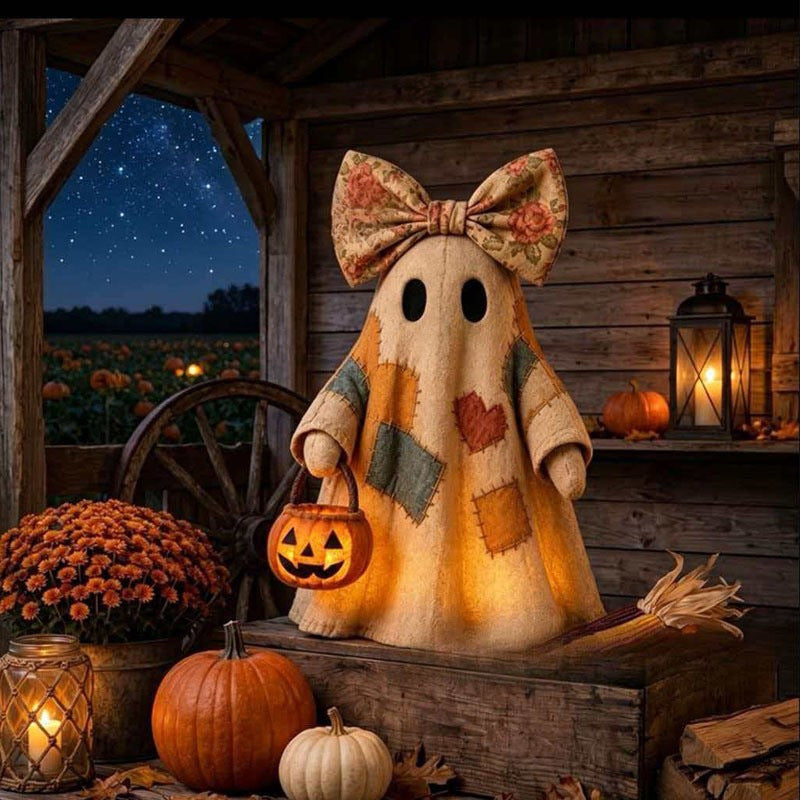 Patchwork Ghost Pumpkin Basket Halloween Decor