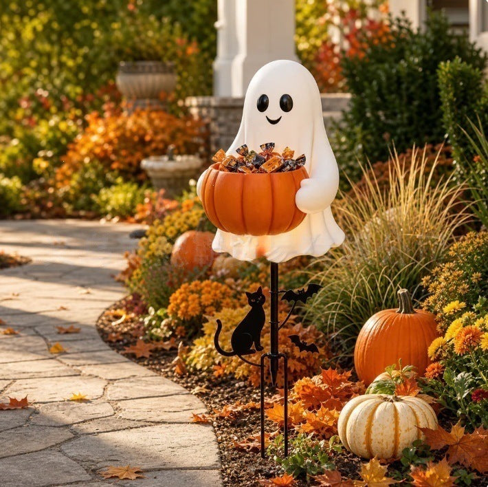 Ghost Pumpkin Candy Bowl Solar Garden Stake