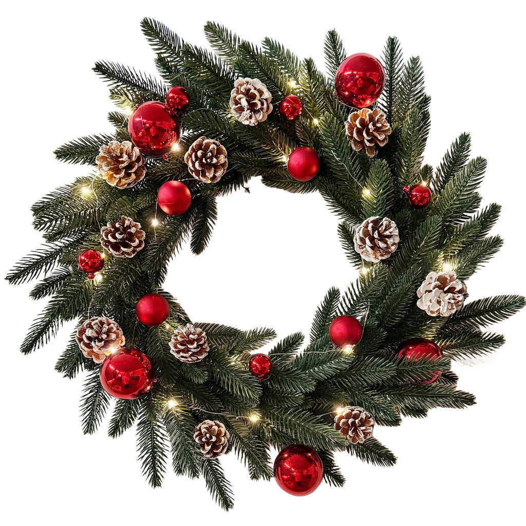 Lighted Red Ornament & Pinecone Christmas Wreath