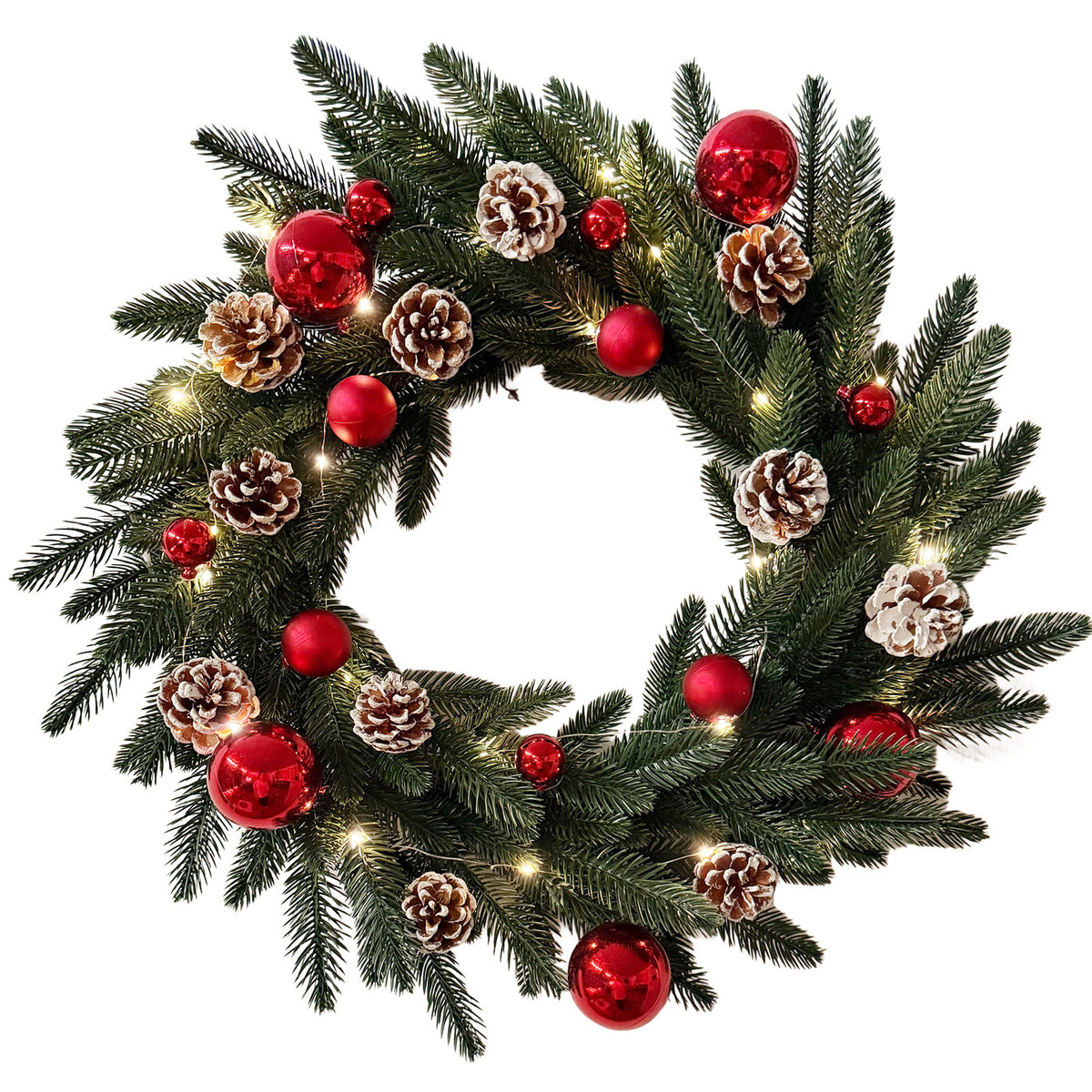 Lighted Red Ornament & Pinecone Christmas Wreath