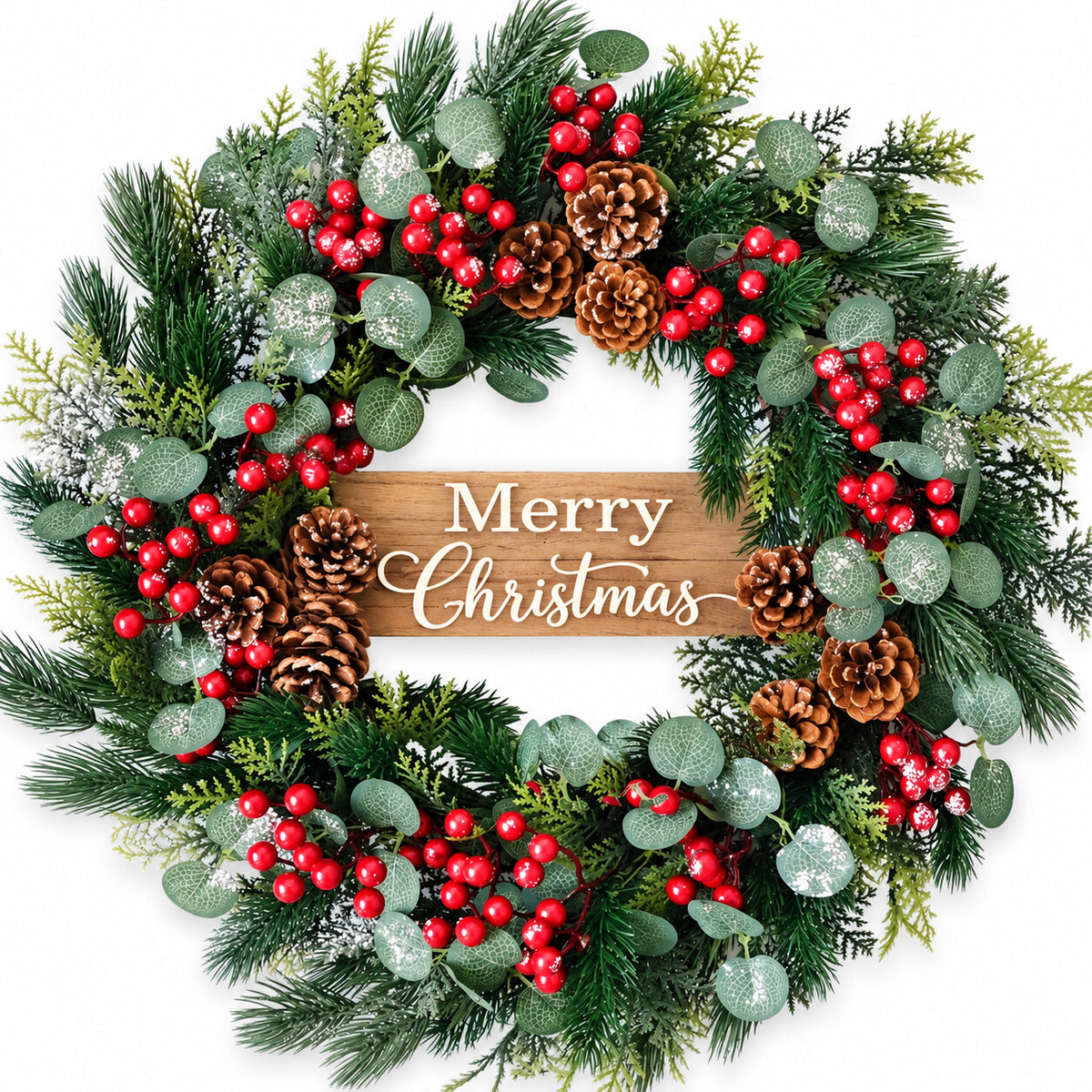 Red Berry, Pinecone & Wood Sign Christmas Wreath Collection