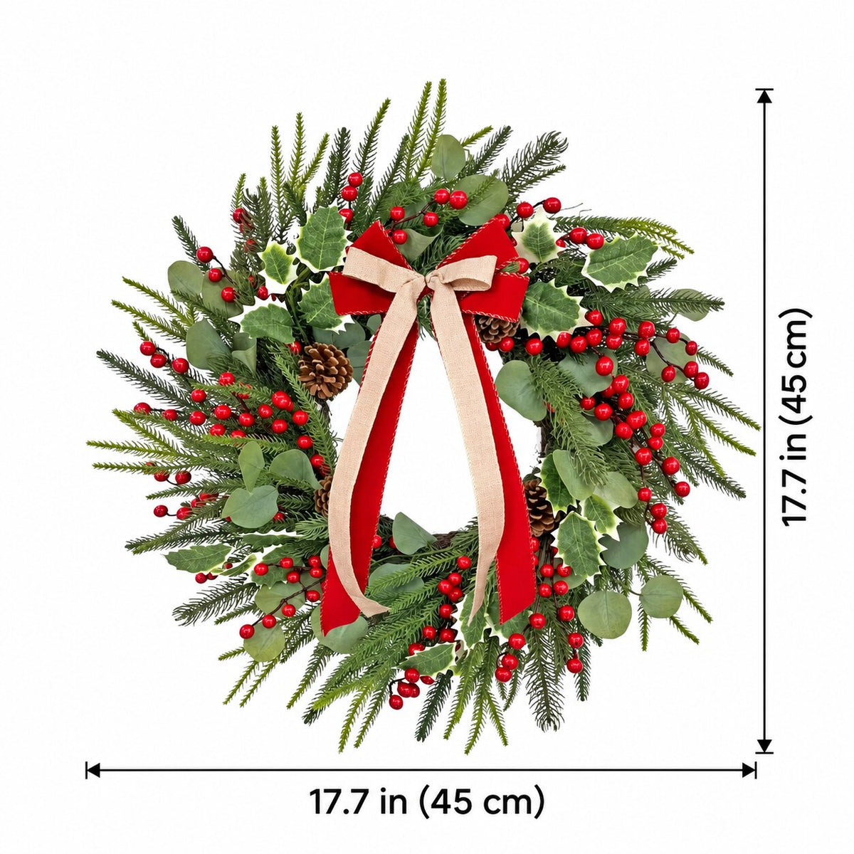 Red Berry, Pinecone & Ribbon Christmas Wreath
