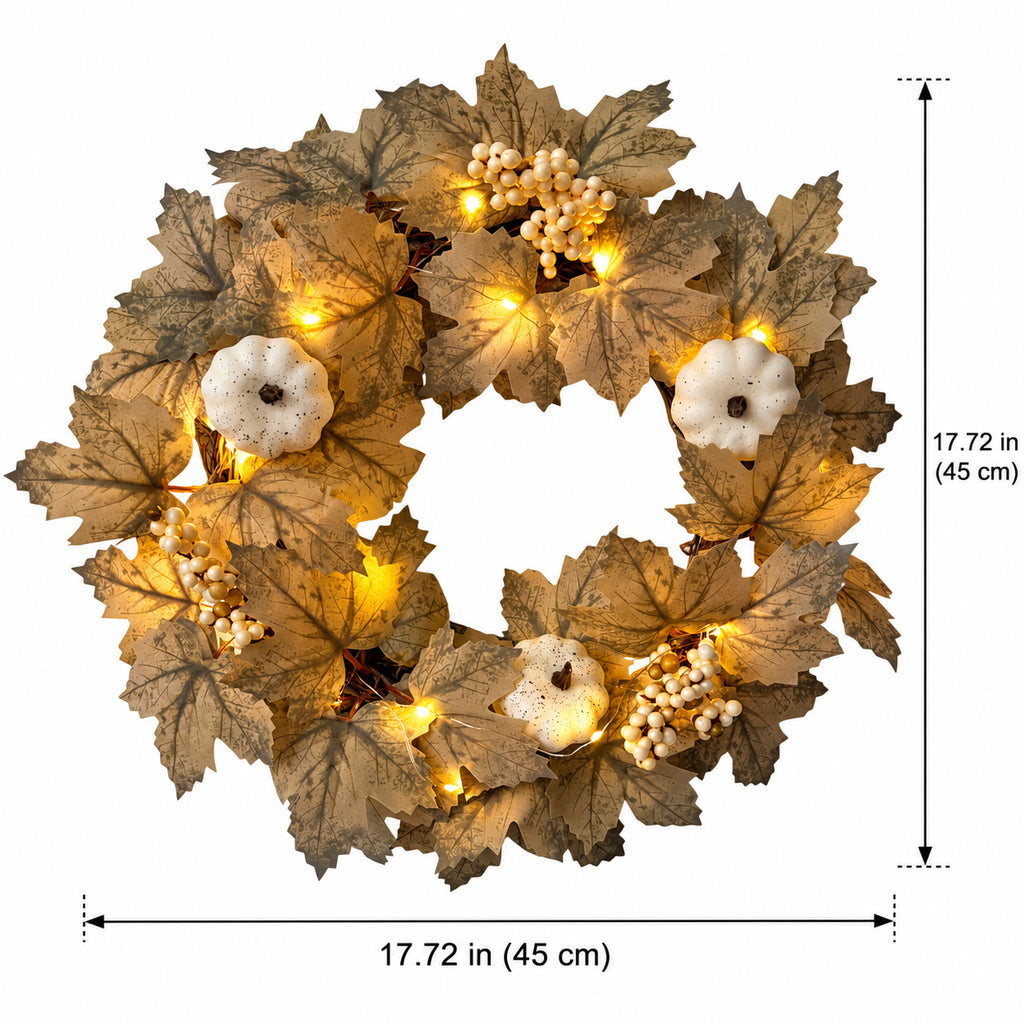 Pre-Lit White Pumpkin & Maple Leaf Autumn Wreath