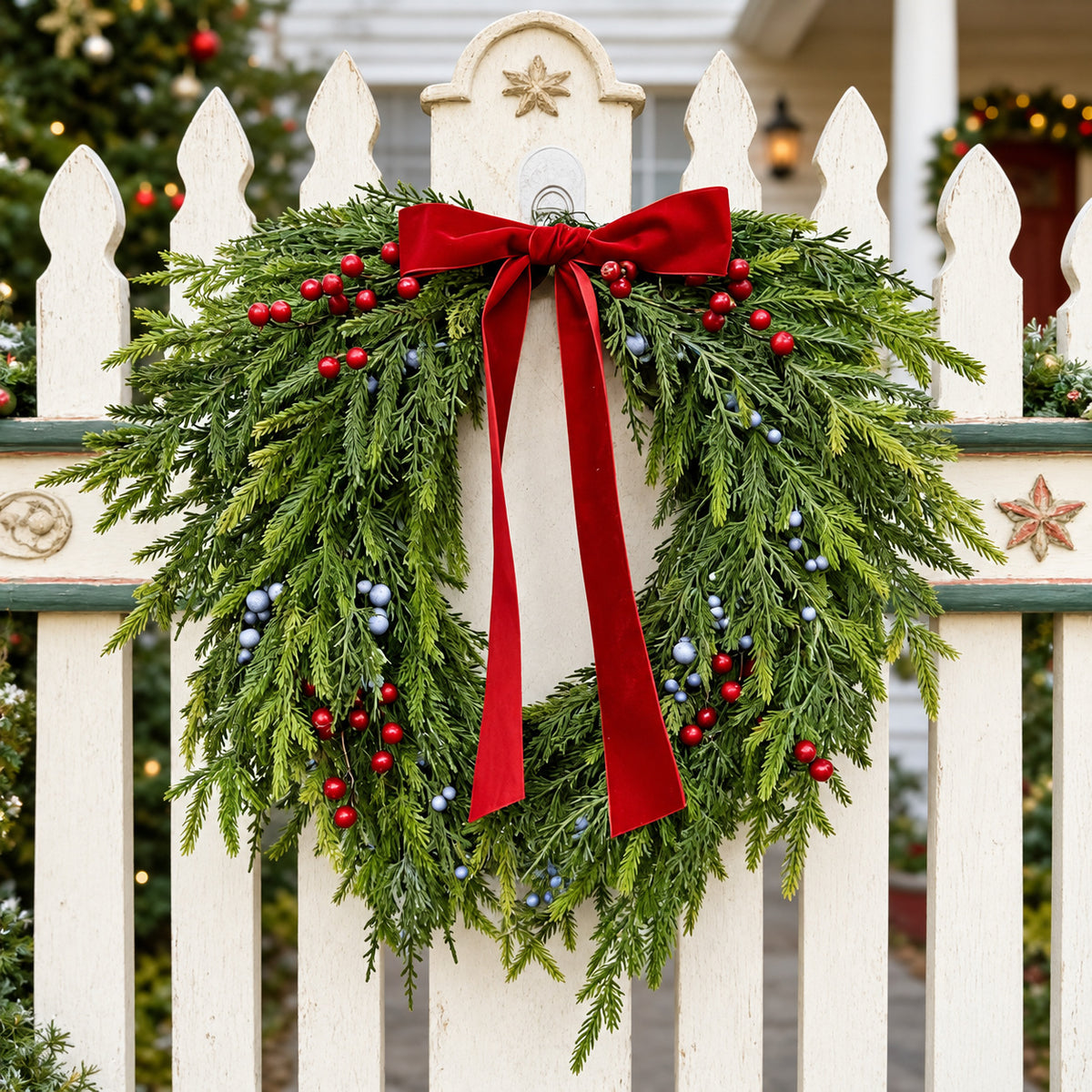 Norfolk Pine & Red Bow Christmas Wreath