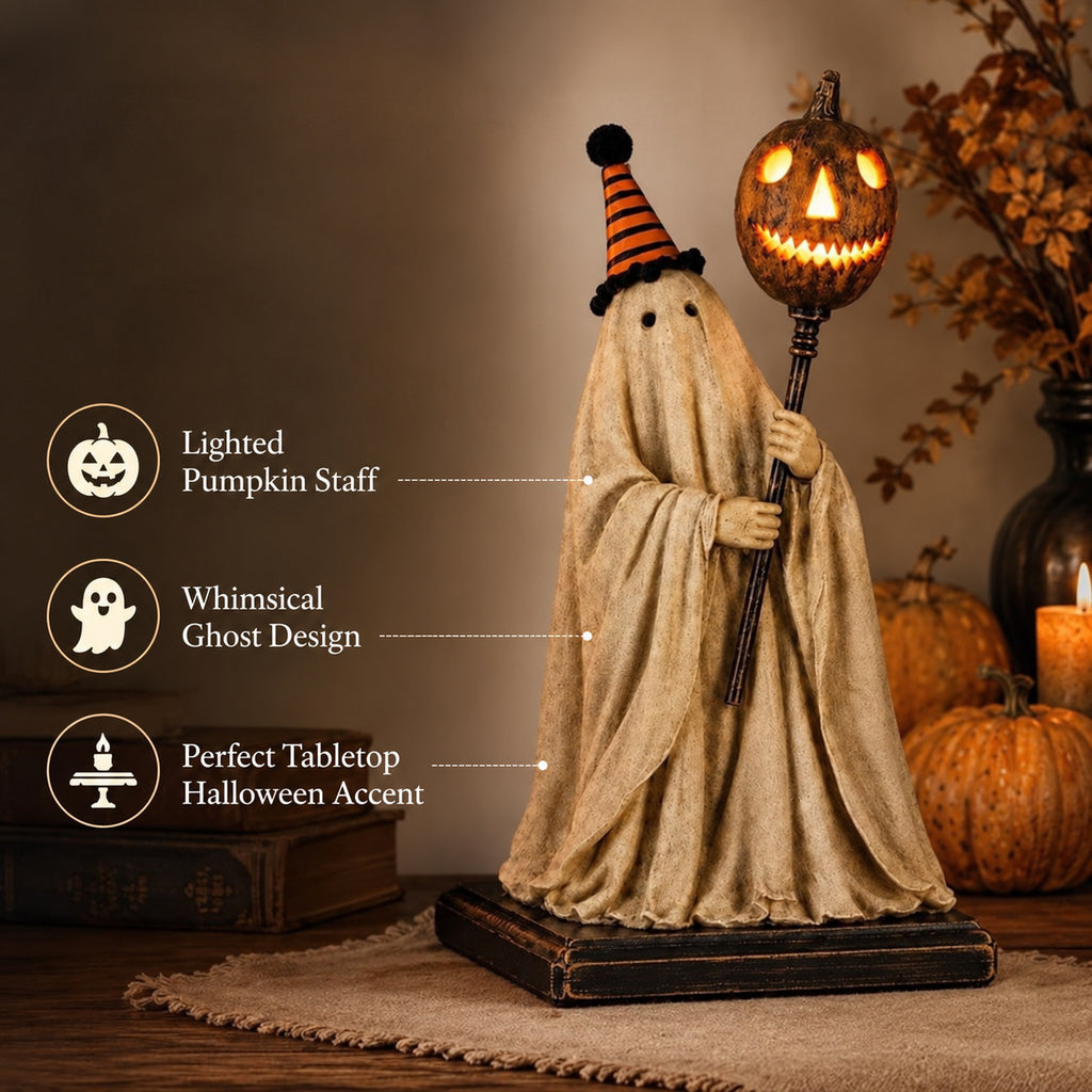 Lighted Vintage Ghost Pumpkin Staff Figurine Collection