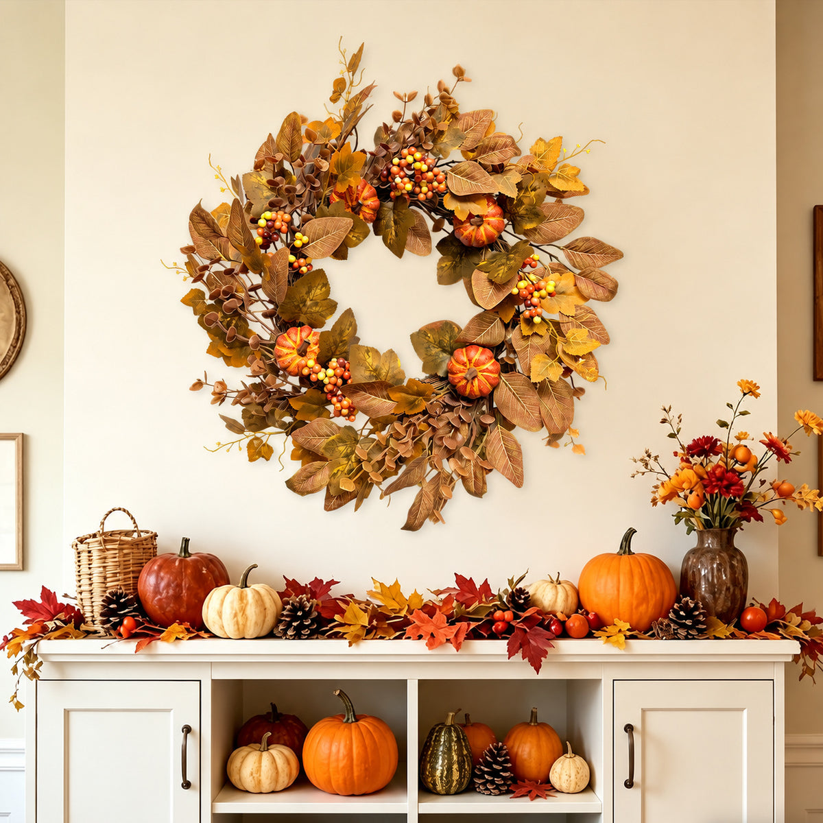 Golden Dollar Leaf & Pumpkin Harvest Wreath