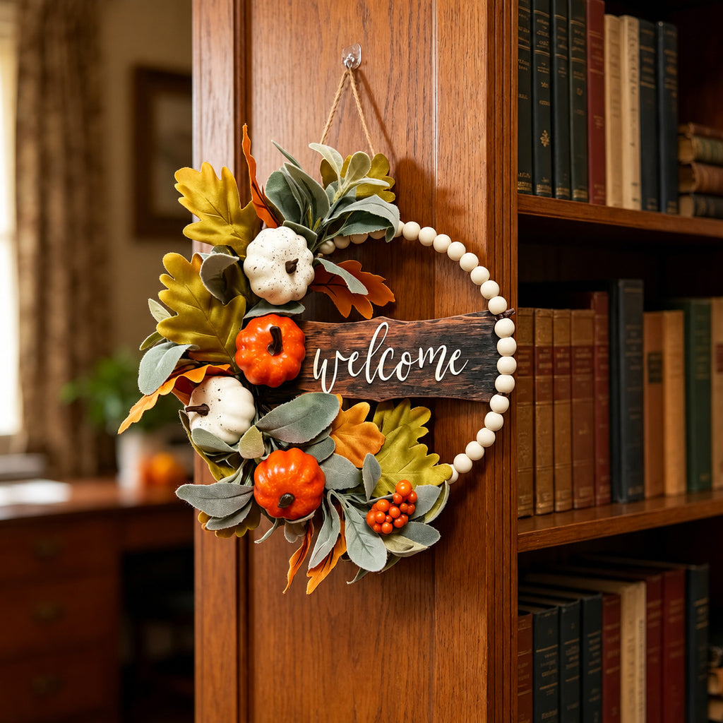 Pumpkin, Cotton & Beaded Welcome Autumn Wreath
