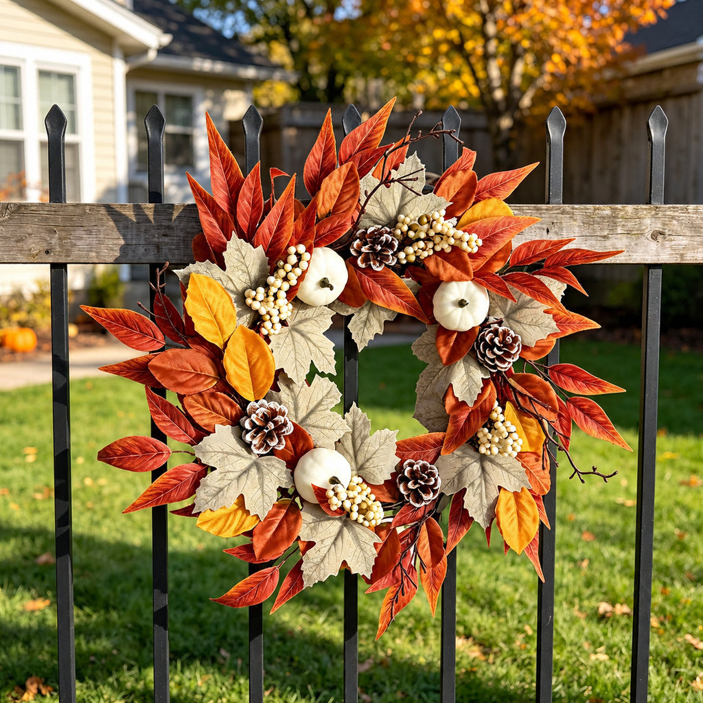 White Pumpkin, Berry & Maple Leaf Autumn Wreath