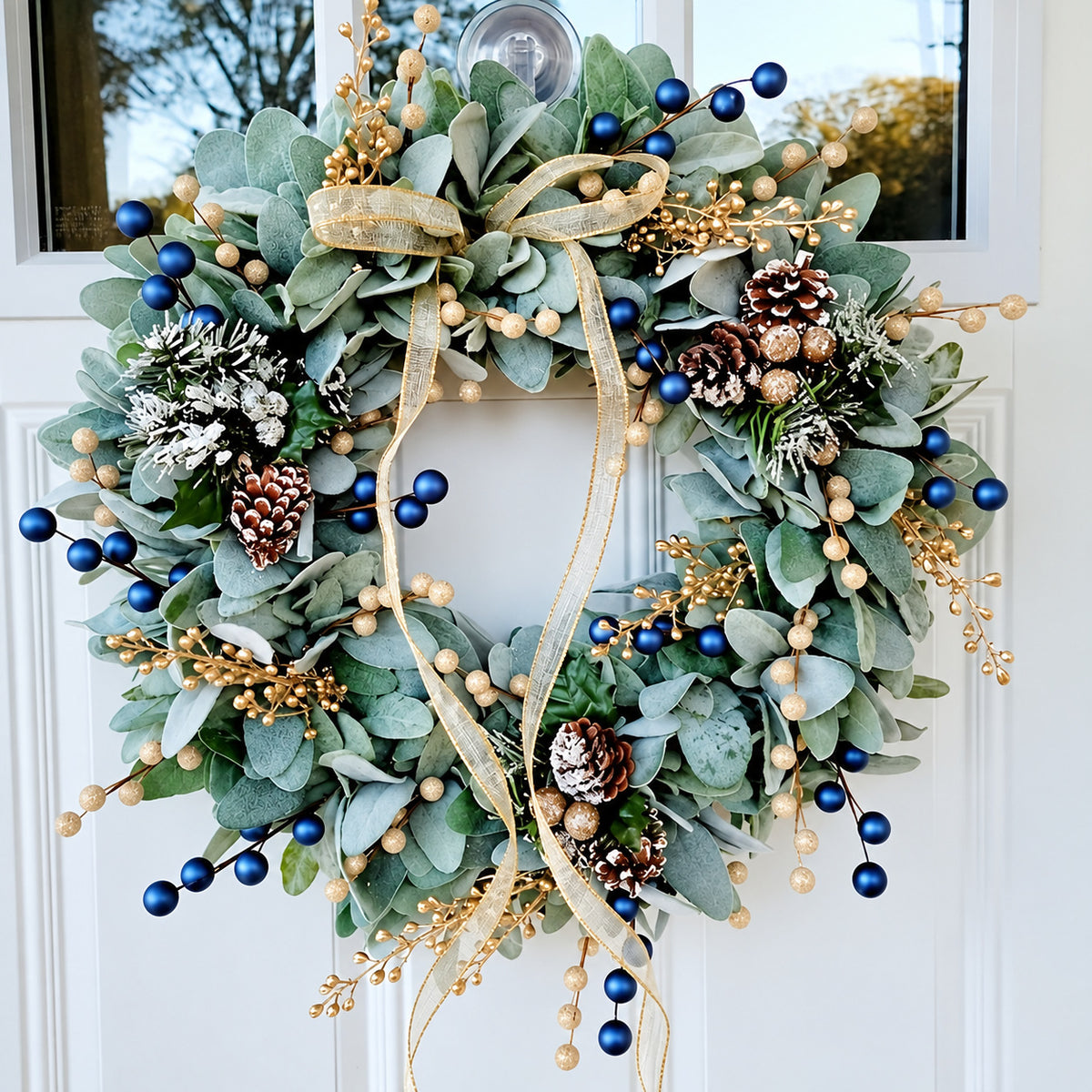 Blue & Gold Eucalyptus Pinecone Wreath