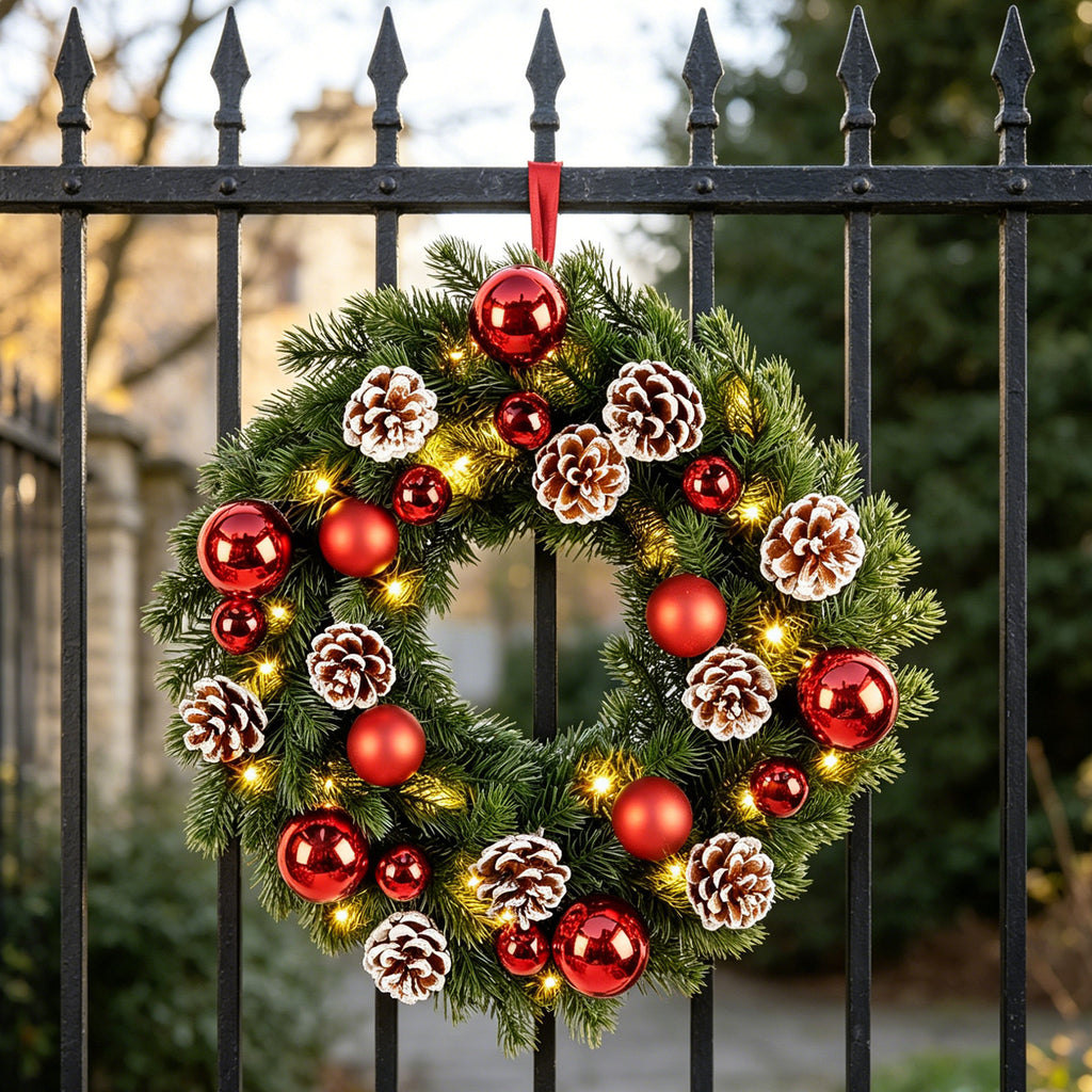 Lighted Red Ornament & Pinecone Christmas Wreath