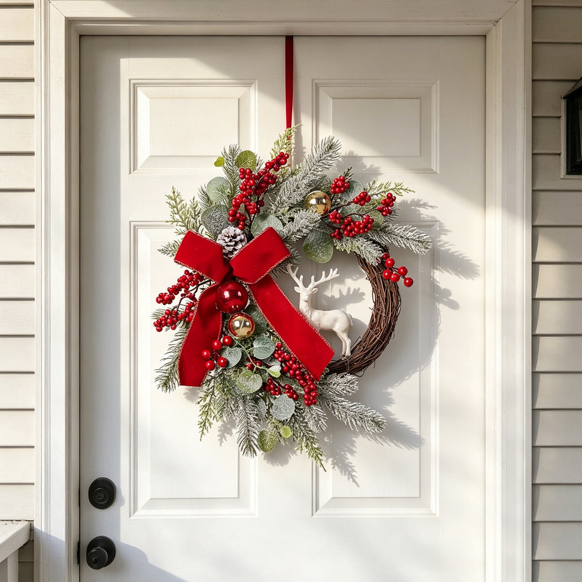 Reindeer Red Bow Christmas Wreath