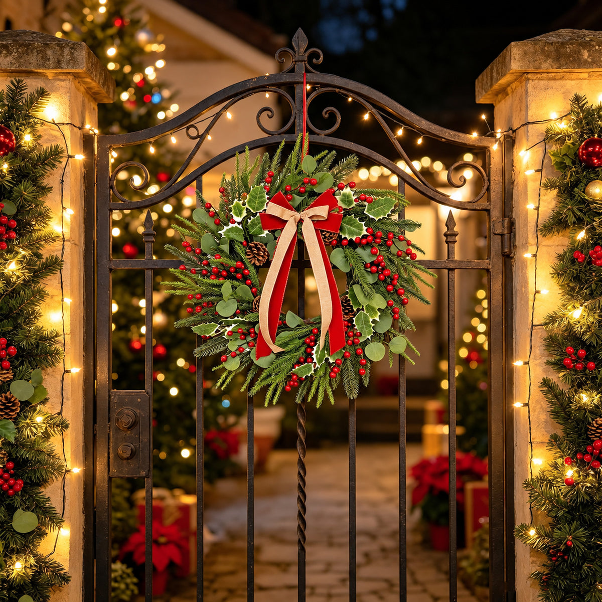 Red Berry, Pinecone & Ribbon Christmas Wreath