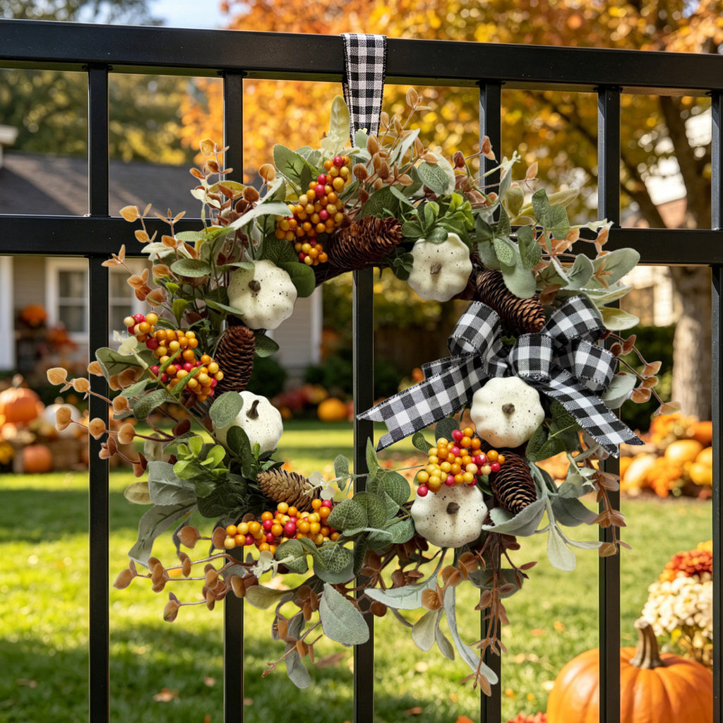 White Pumpkin & Buffalo Plaid Harvest Wreath