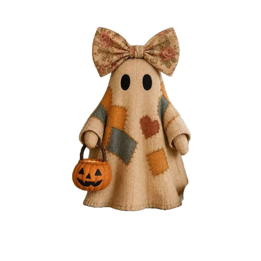 Patchwork Ghost Pumpkin Basket Halloween Decor
