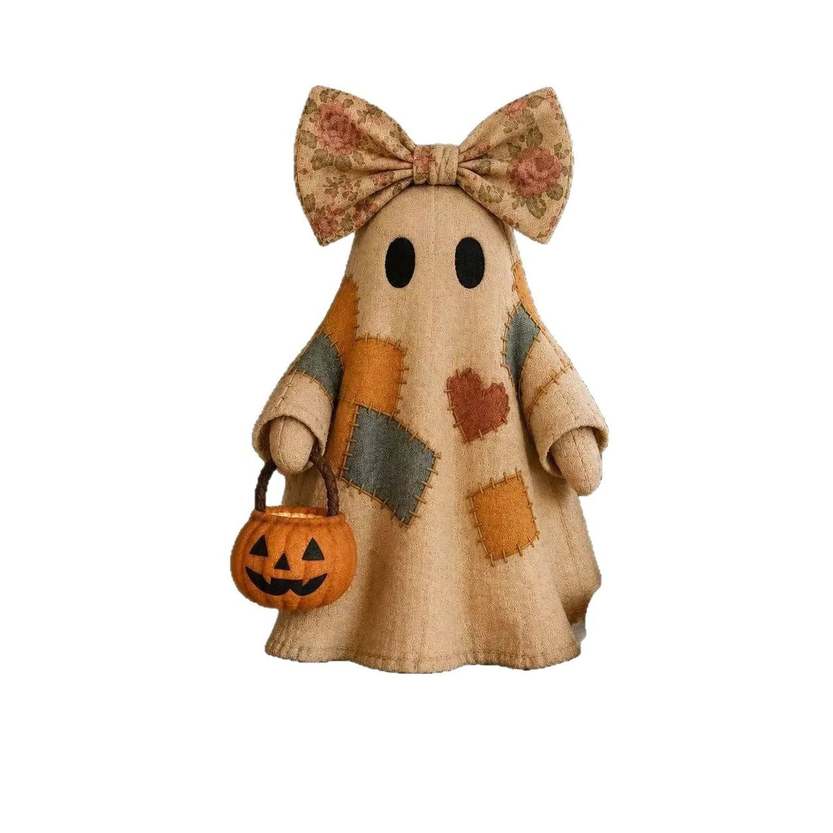Patchwork Ghost Pumpkin Basket Halloween Decor