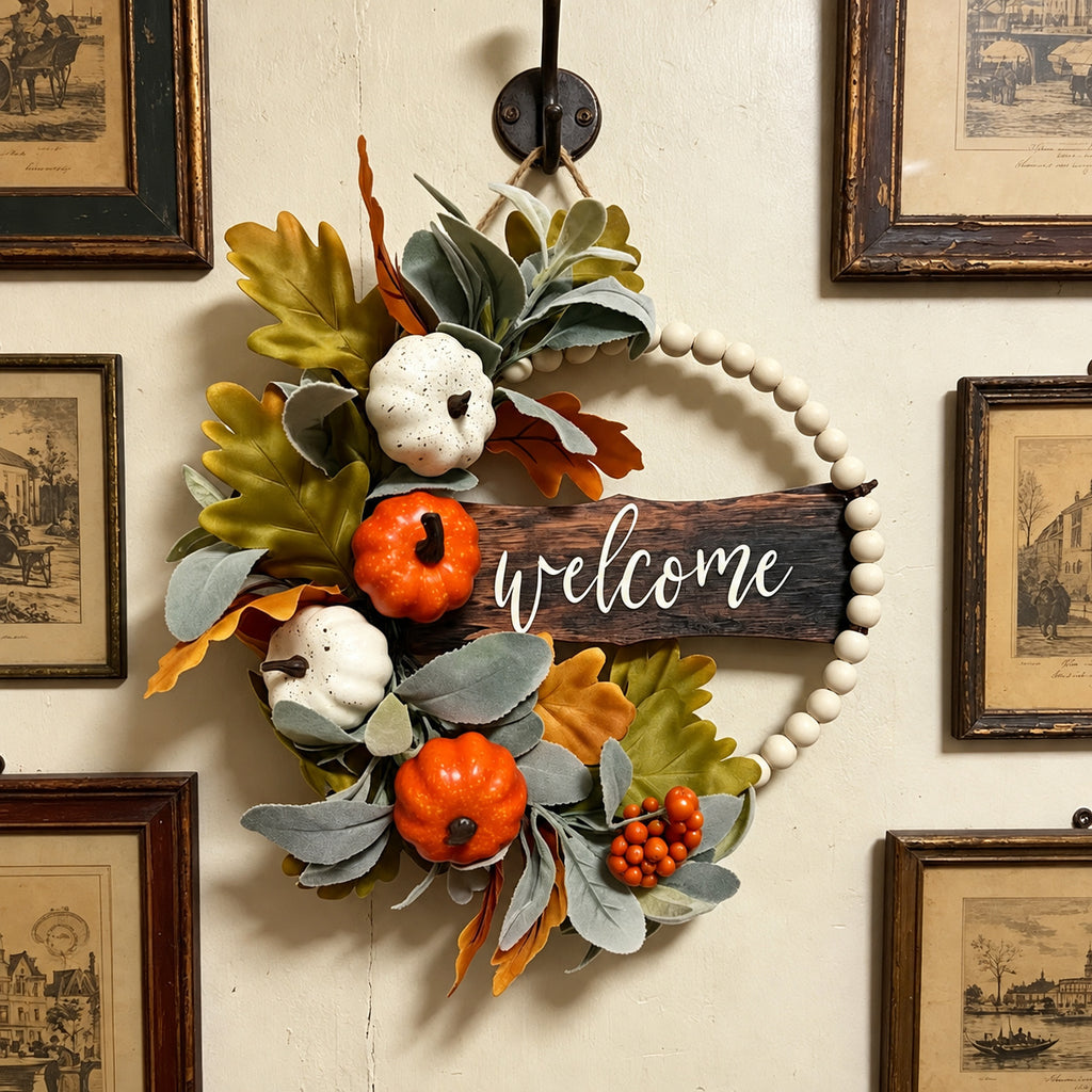 Pumpkin, Cotton & Beaded Welcome Autumn Wreath