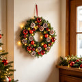 Lighted Red Ornament & Pinecone Christmas Wreath