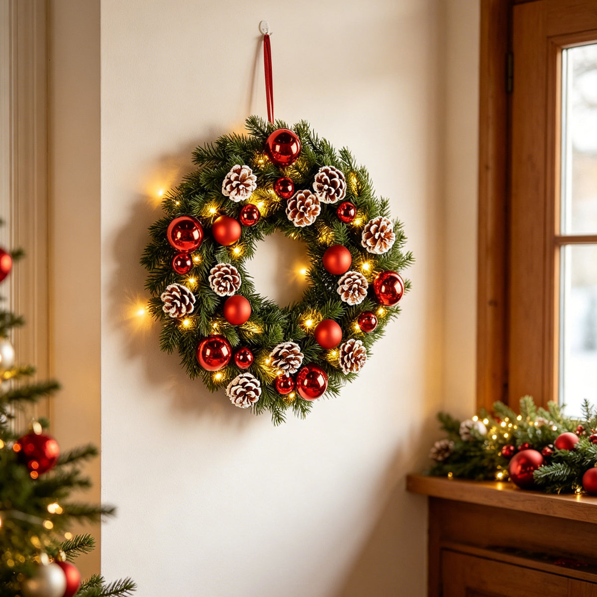 Lighted Red Ornament & Pinecone Christmas Wreath