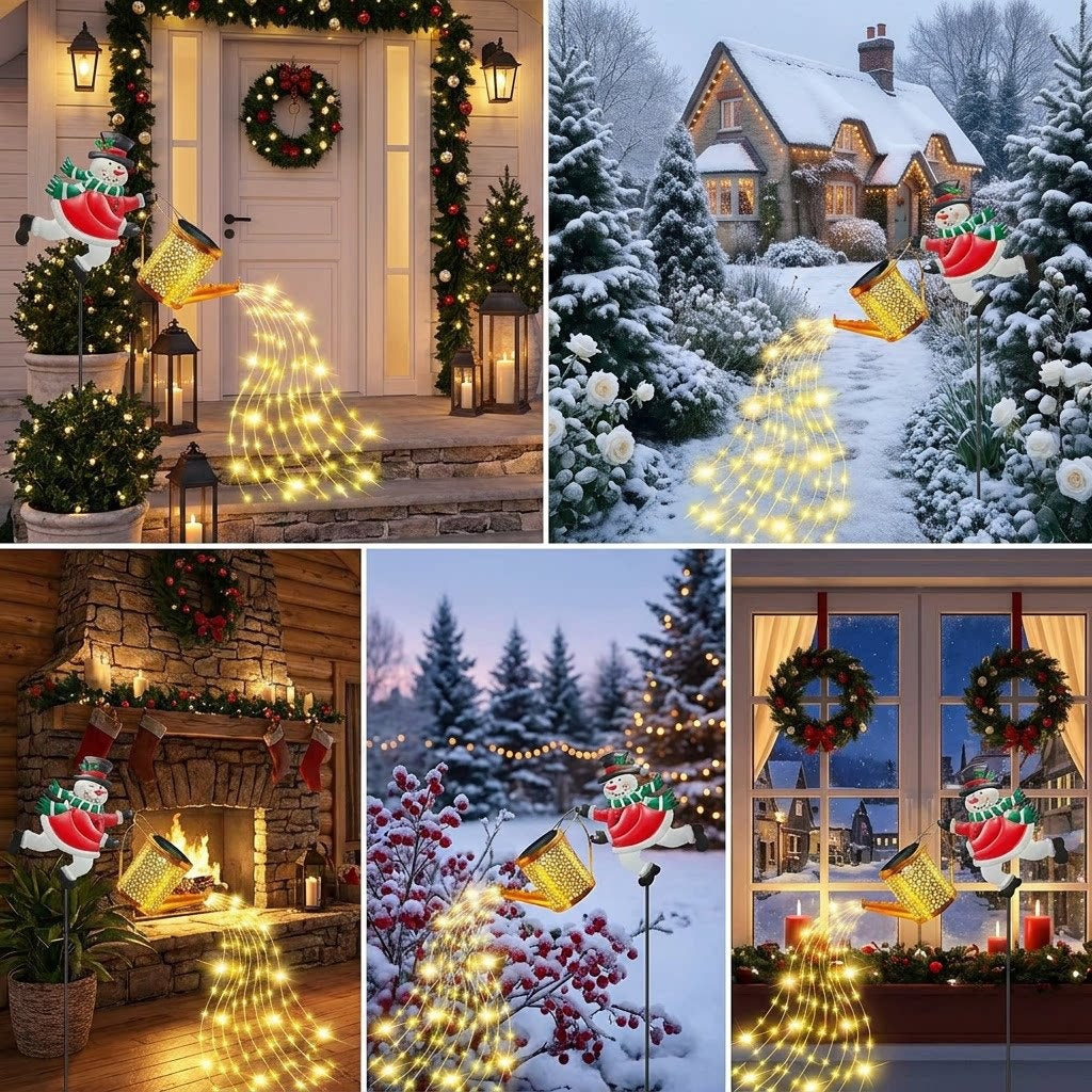 Snowman Watering Can Solar Garden Light