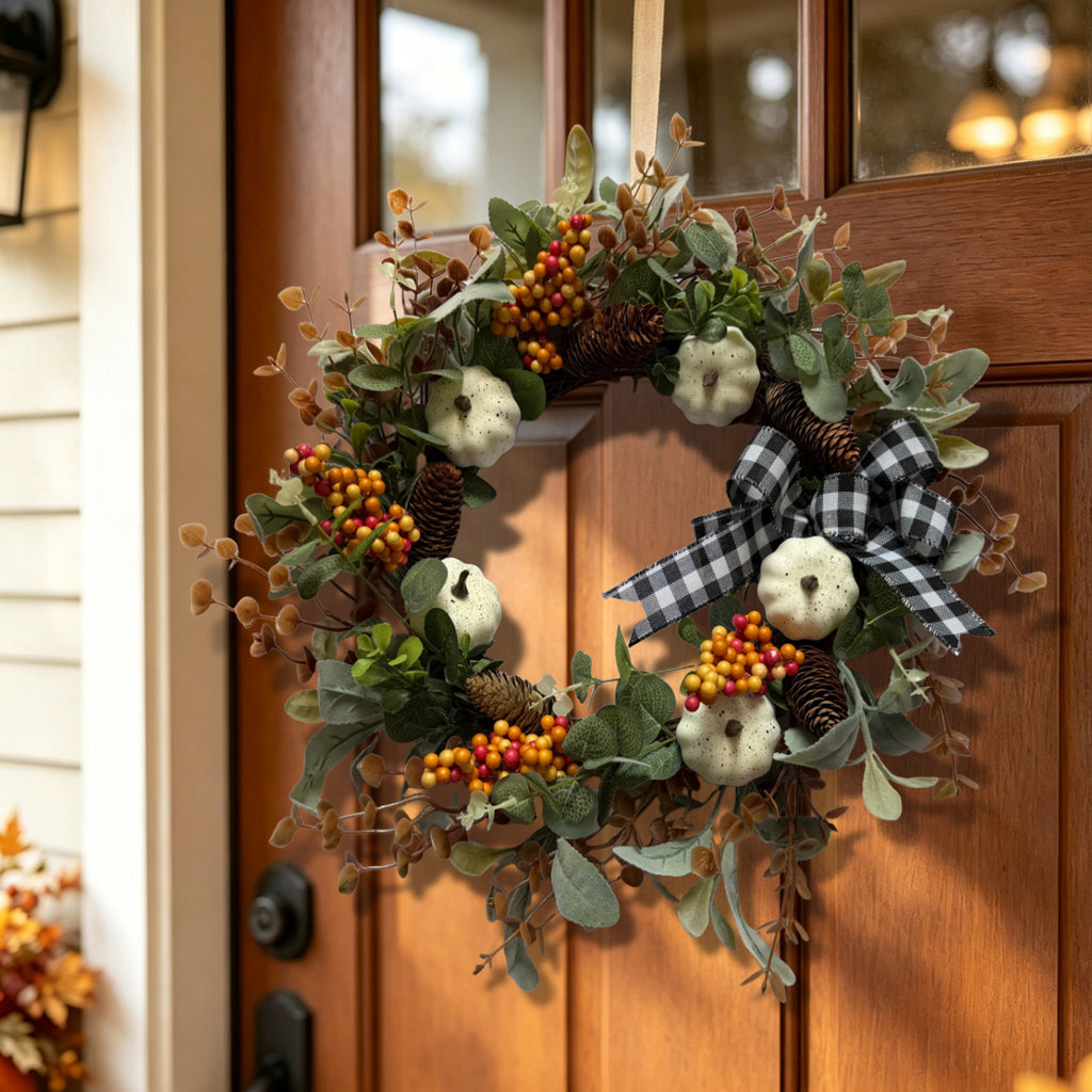 White Pumpkin & Buffalo Plaid Harvest Wreath