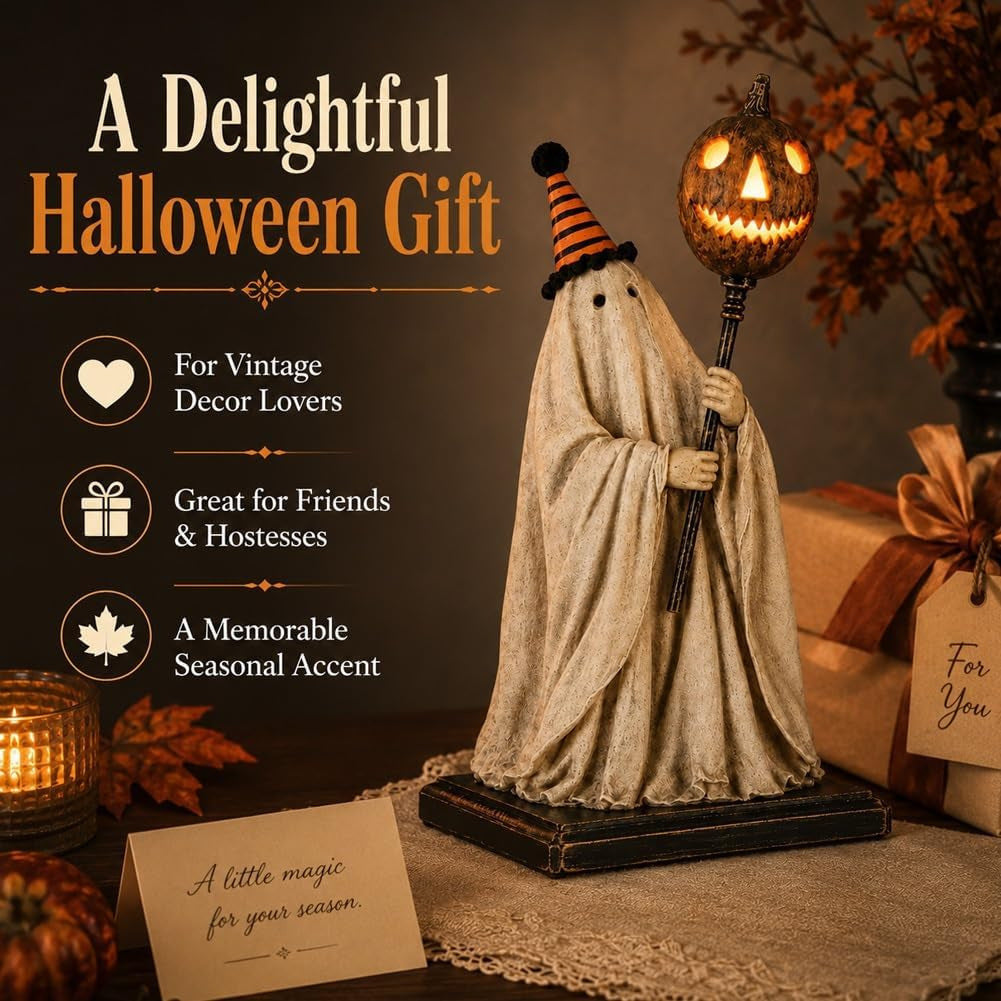 Lighted Vintage Ghost Pumpkin Staff Figurine Collection
