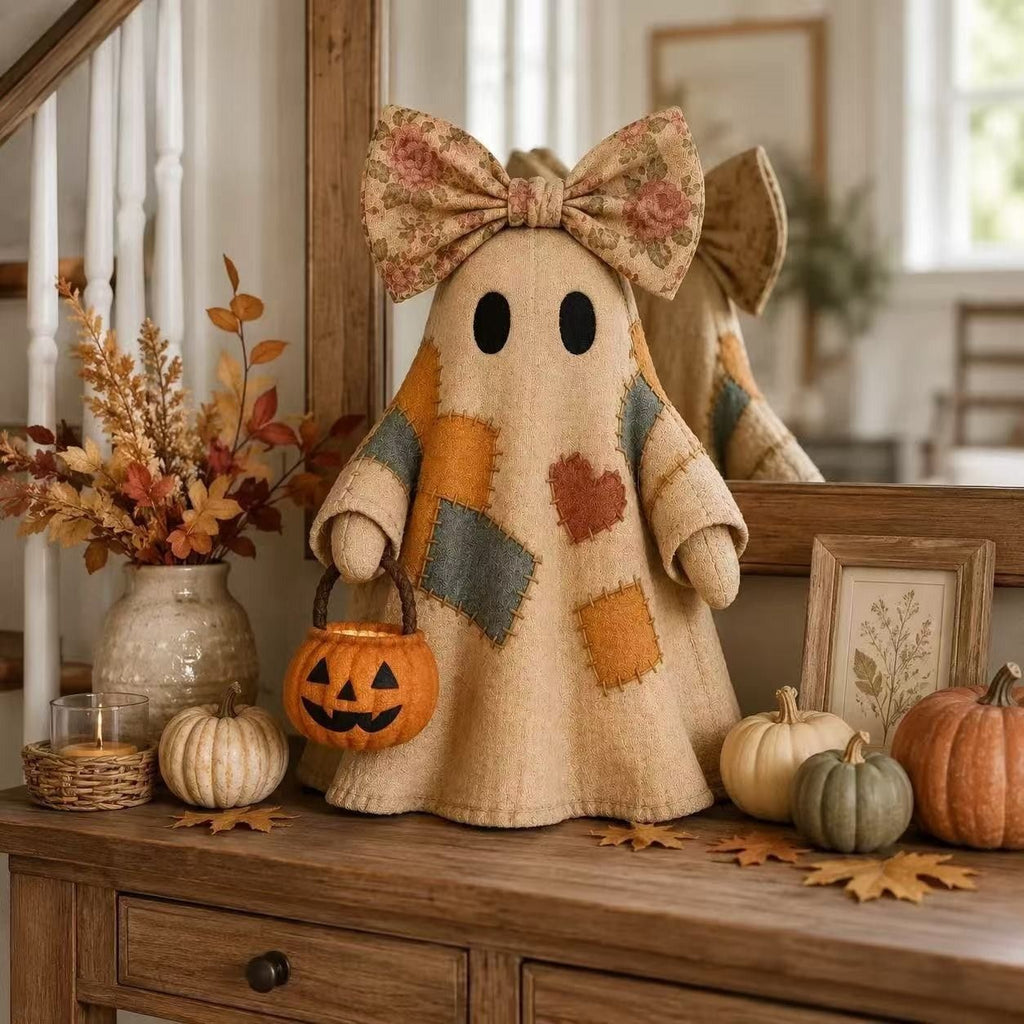 Patchwork Ghost Pumpkin Basket Halloween Decor