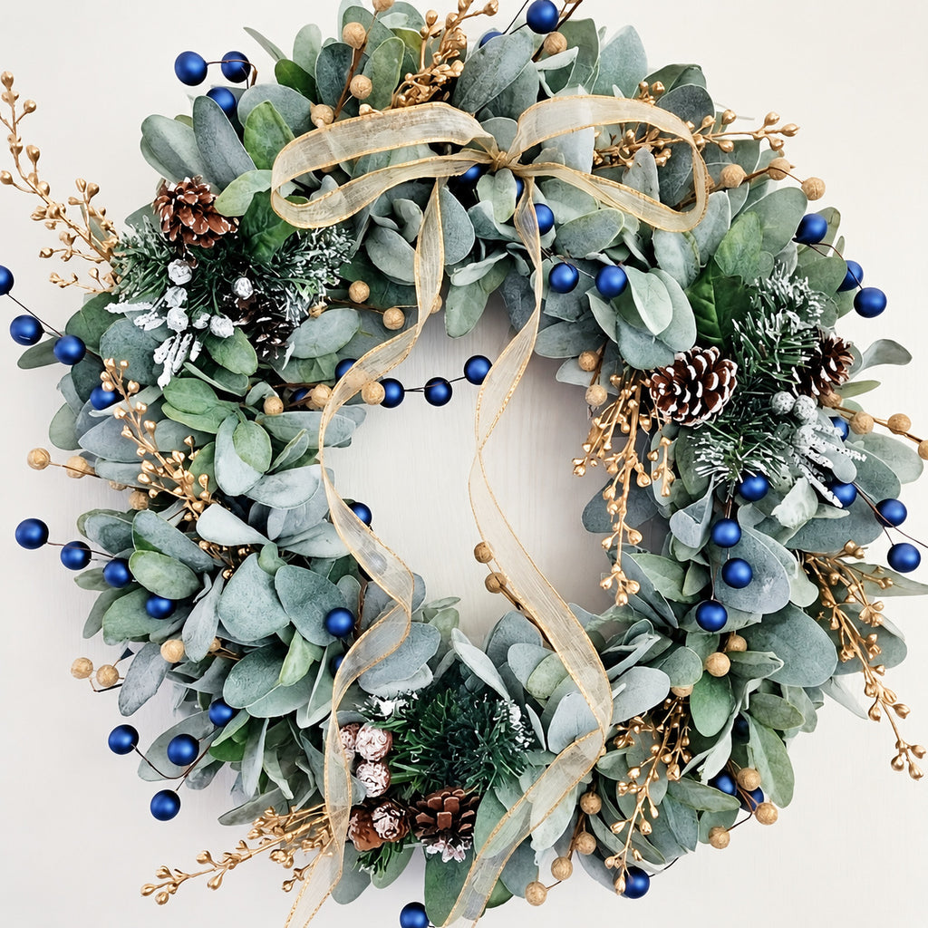 Blue & Gold Eucalyptus Pinecone Wreath