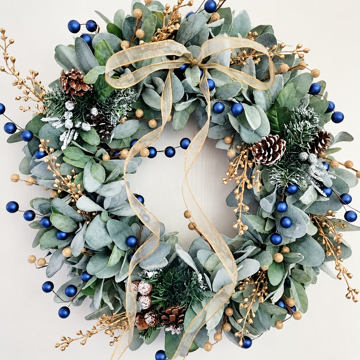Blue & Gold Eucalyptus Pinecone Wreath