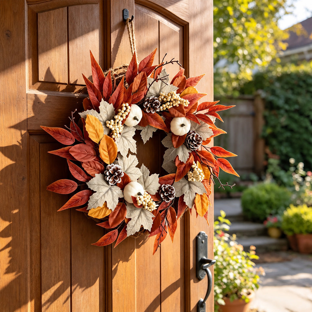 White Pumpkin, Berry & Maple Leaf Autumn Wreath