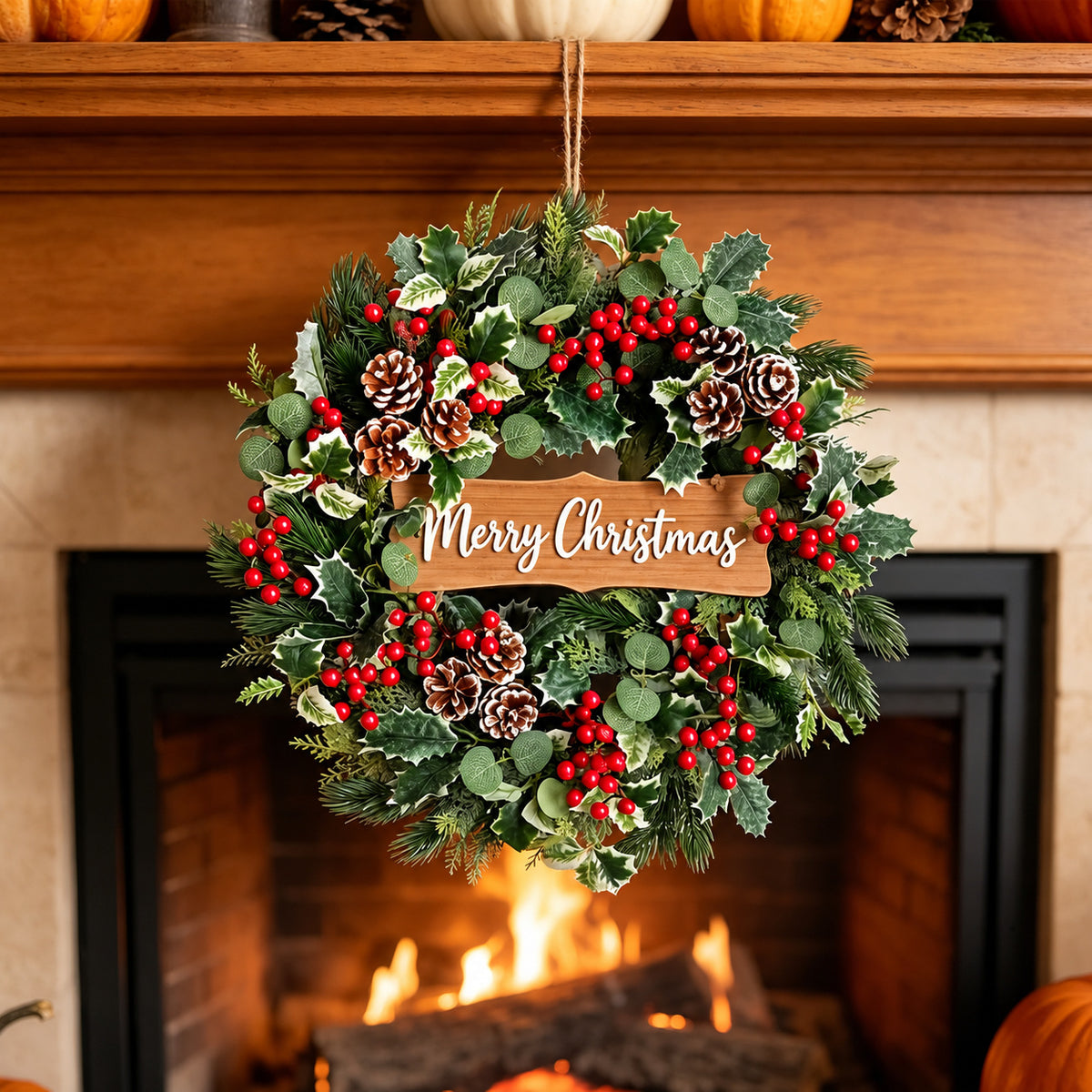 Red Berry, Pinecone & Wood Sign Christmas Wreath Collection
