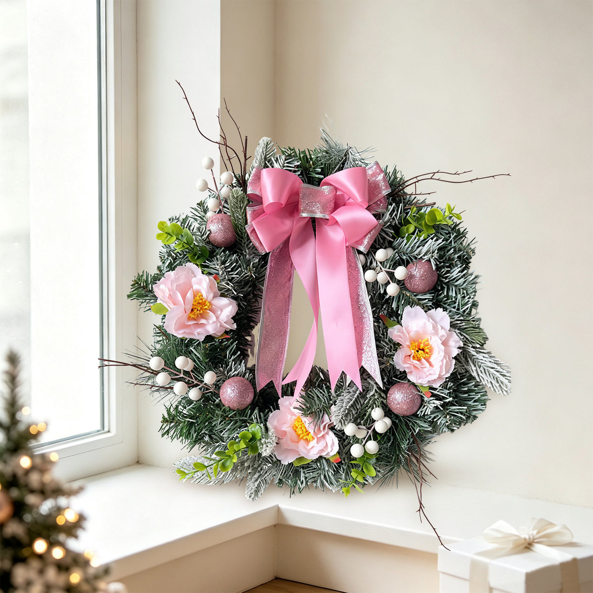 Pink Bow Christmas Wreath