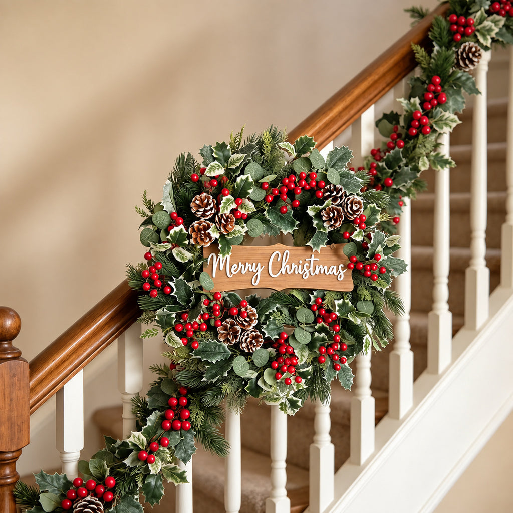 Red Berry, Pinecone & Wood Sign Christmas Wreath Collection