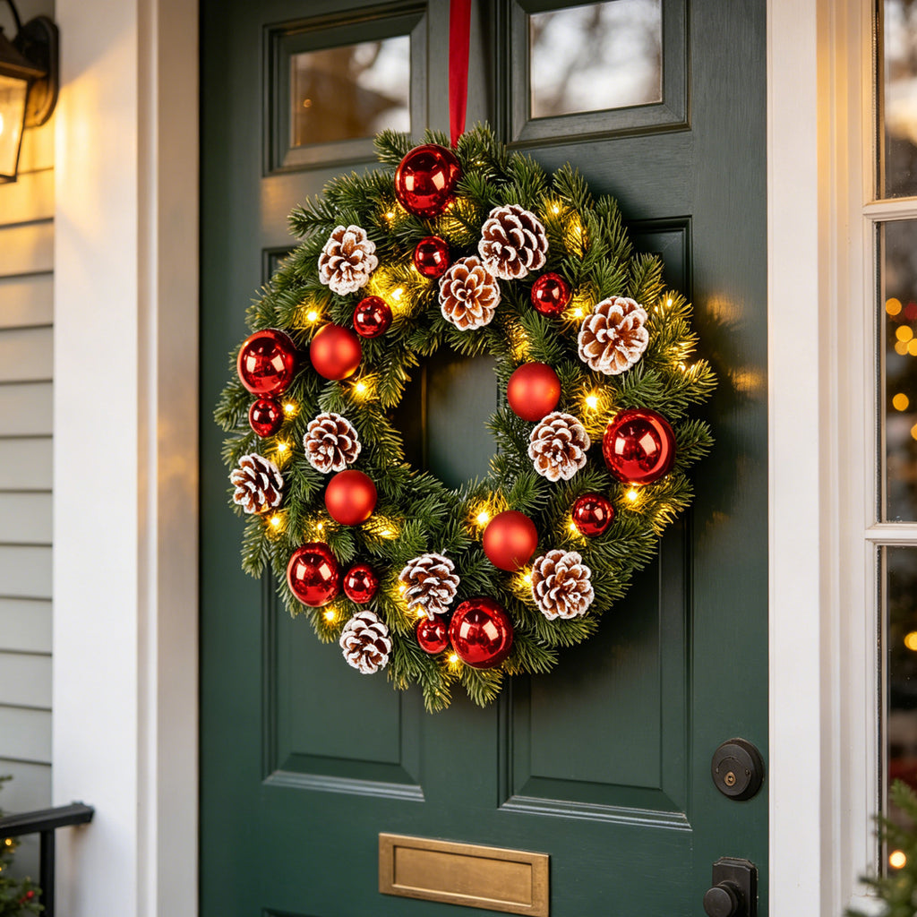 Lighted Red Ornament & Pinecone Christmas Wreath