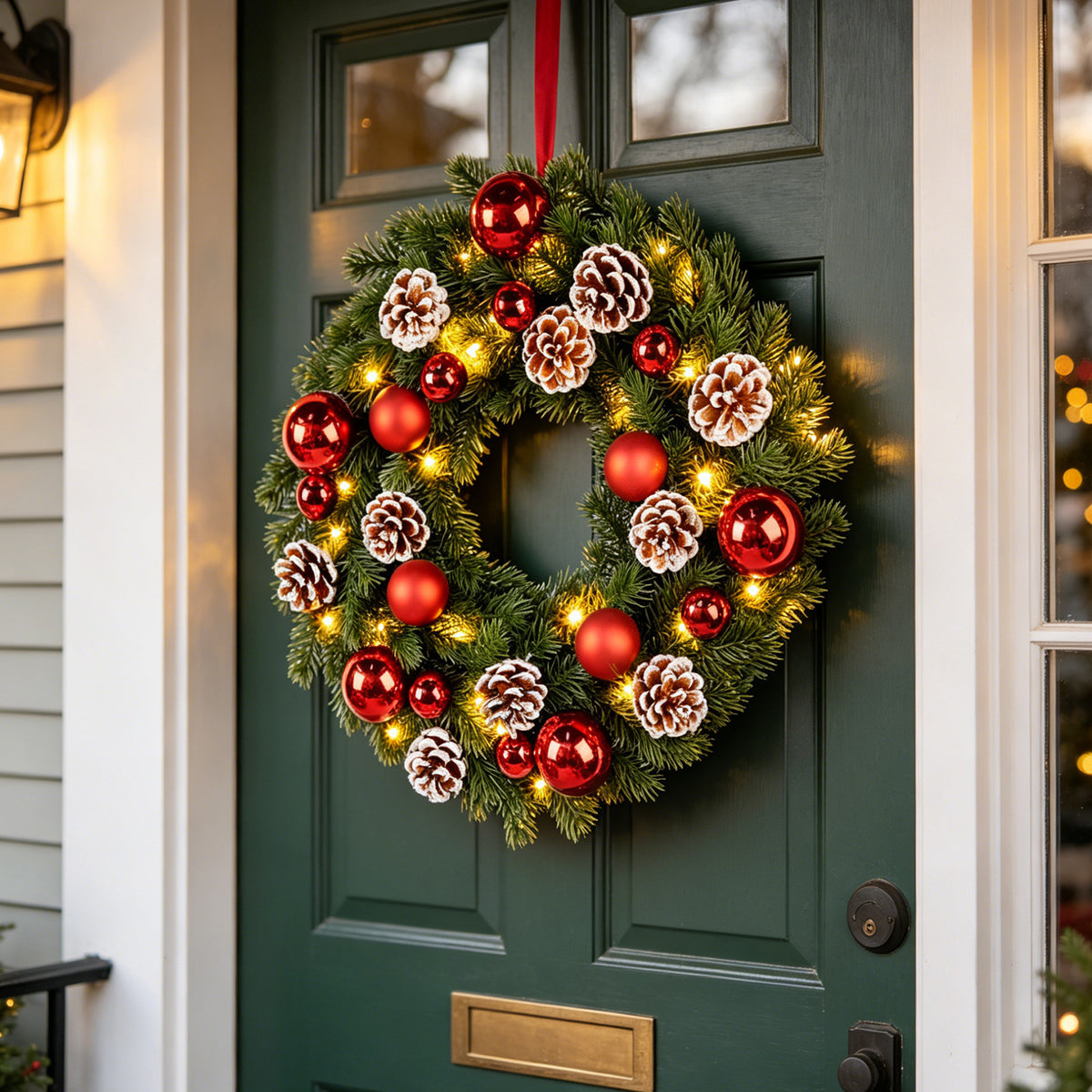 Lighted Red Ornament & Pinecone Christmas Wreath