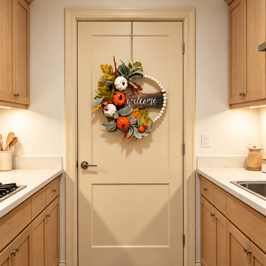 Pumpkin, Cotton & Beaded Welcome Autumn Wreath