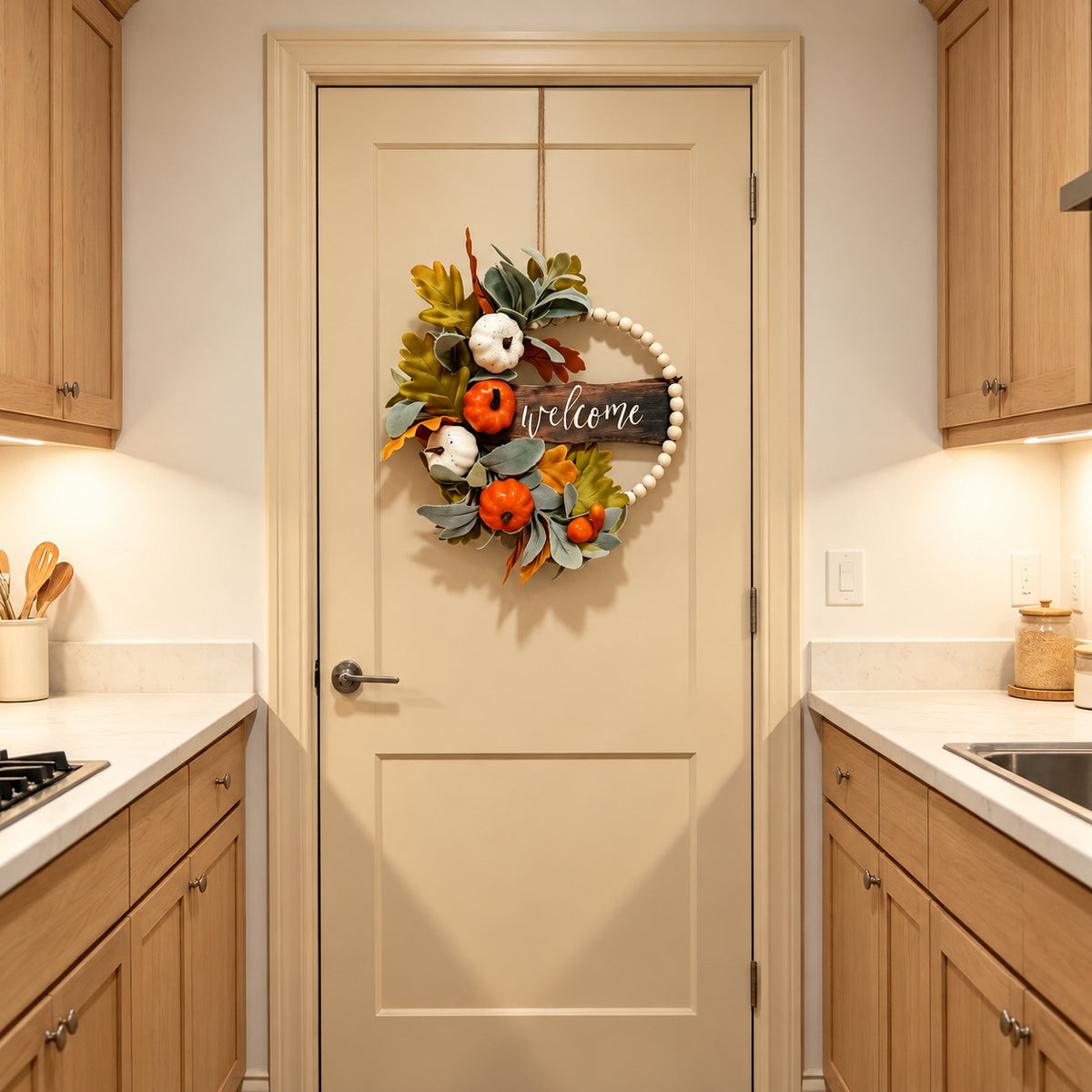 Pumpkin, Cotton & Beaded Welcome Autumn Wreath