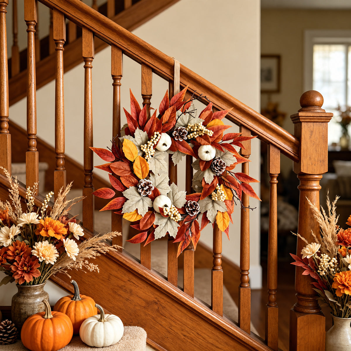 White Pumpkin, Berry & Maple Leaf Autumn Wreath